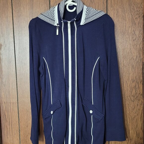 Bylyse Women XL Nautical Jacket – Navy & White Bamboo Blend Two-Way Zip Stretch - Picture 1 of 12